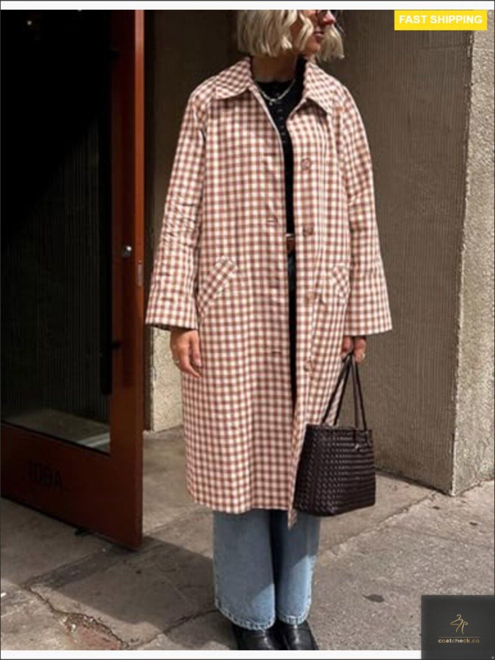 Classic Plaid Trench Coat Long Jacket Single Breasted Barn Style Outerwear - Picture 3 of 7